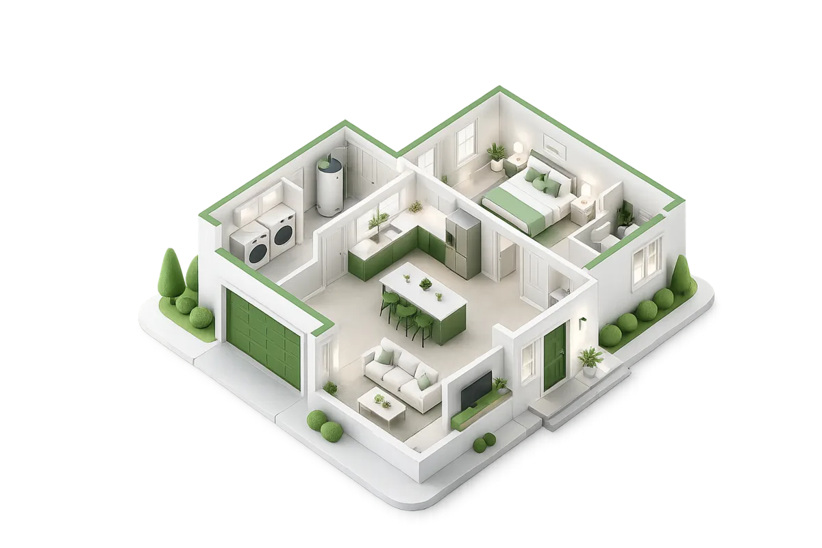Isometric cutaway home illustrating covered rooms, systems, and appliances